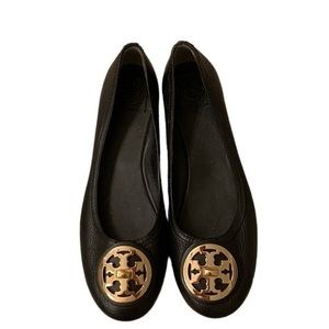 Tory Burch black leather flats with gold logo. Super comfy!